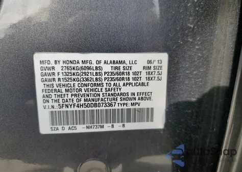 2013 Honda Pilot Exl z USA, uszkodzony, nr VIN 5FNYF4H50DB073367